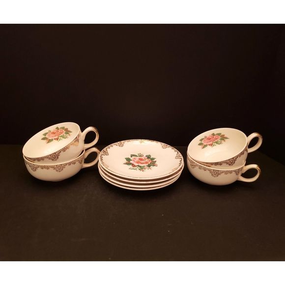 American Rose Cups Saucers Paden City Pottery Pink Roses Gold Vintage 4 sets - Picture 16 of 16